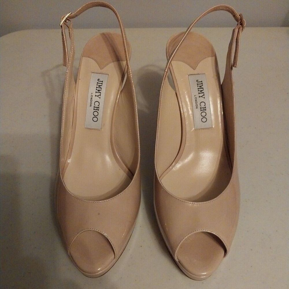 Jimmy Choo Beige Patent Leather Stiletto Heels Peep Toe Shoes Size 40